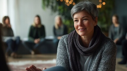 Engaging group therapy session with gray-haired woman, fostering community support and mental wellness in a warm, welcoming environment.