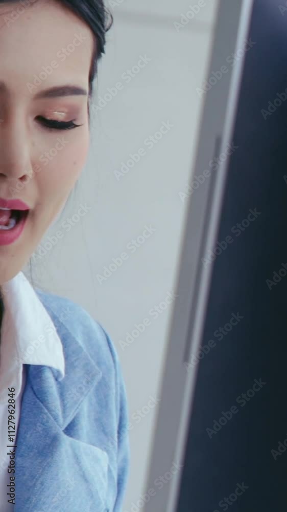 Aufkleber customer support agent or call center with headset works on desktop computer while supporting the cu