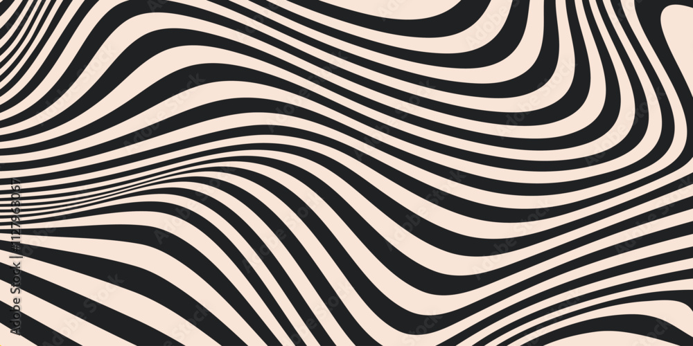 Aufkleber Abstract horizontal background with dynamic waves. Trendy vector illustration in style retro 60s, 70s. Beige and black colors	