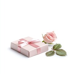 A beautifully wrapped gift box in soft pink with a delicate ribbon, accompanied by a fresh pink rose and green leaves, perfect for celebrations or special occasions.