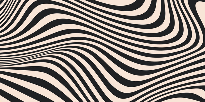 Abstract horizontal background with dynamic waves. Trendy vector illustration in style retro 60s, 70s. Beige and black colors	