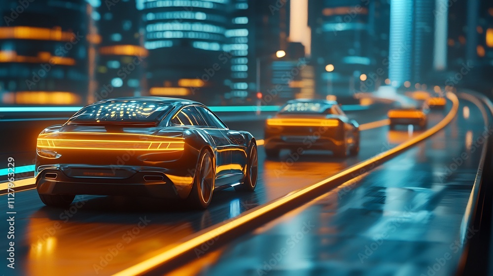 Poster a photograph of a multi level futuristic urban highway with interconnected autonomous vehicles glowi