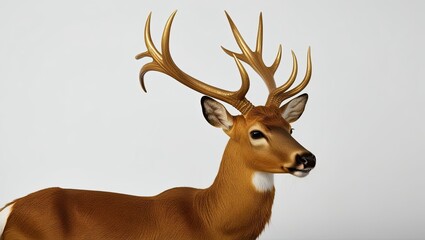 a golden deer with long horns isolated on white background