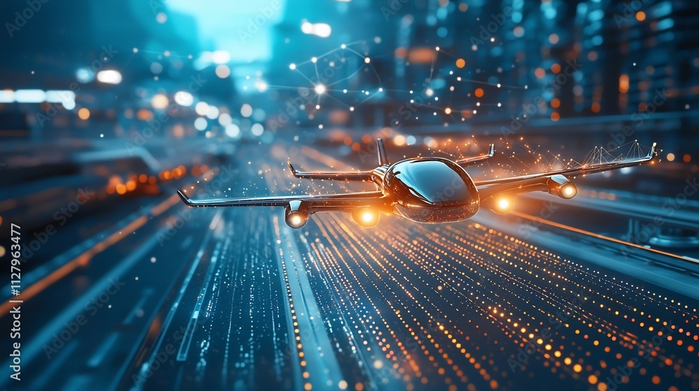 Poster futuristic airport terminal with autonomous drones and smart gates interconnected by glowing network