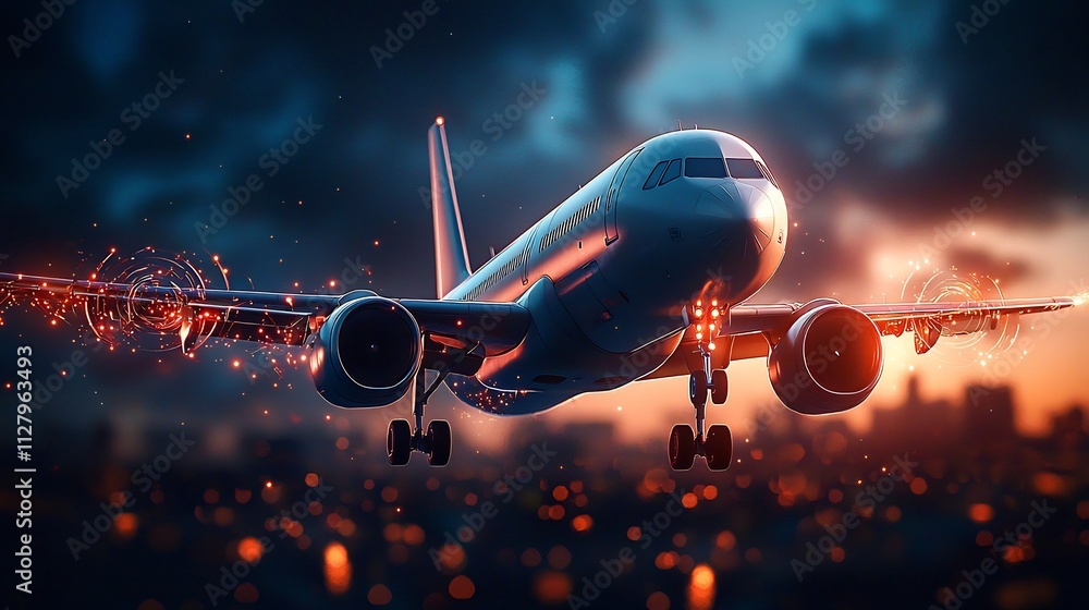 Poster photograph of a fleet of advanced futuristic airplanes flying in the sky connected by a holographic 