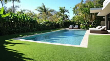 92.Stunning backyard of a contemporary Miami Beach home, featuring a sleek swimming pool, short, manicured grass, and an array of tropical plants and trees; the bright blue sky provides the perfect