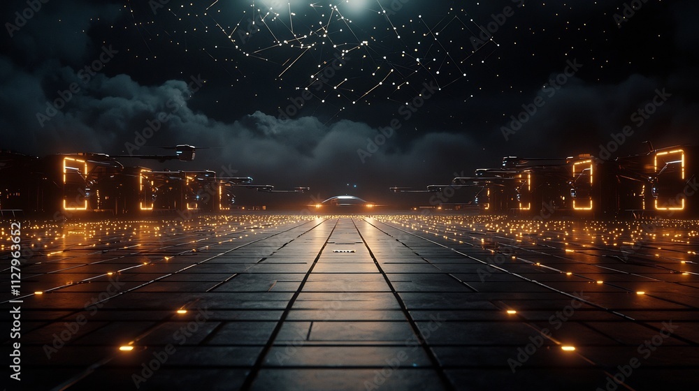 Poster photograph of a futuristic airport terminal featuring autonomous drones smart gates and a glowing ne