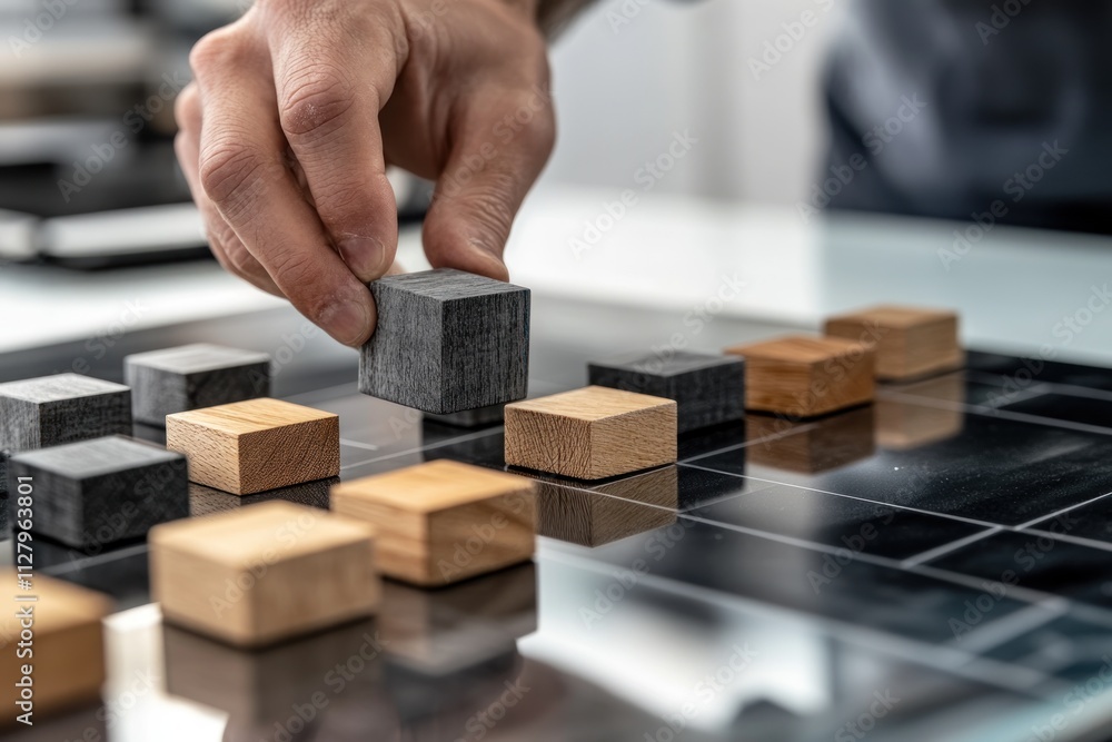 Poster hand placing wooden block on a grid, strategy concept.