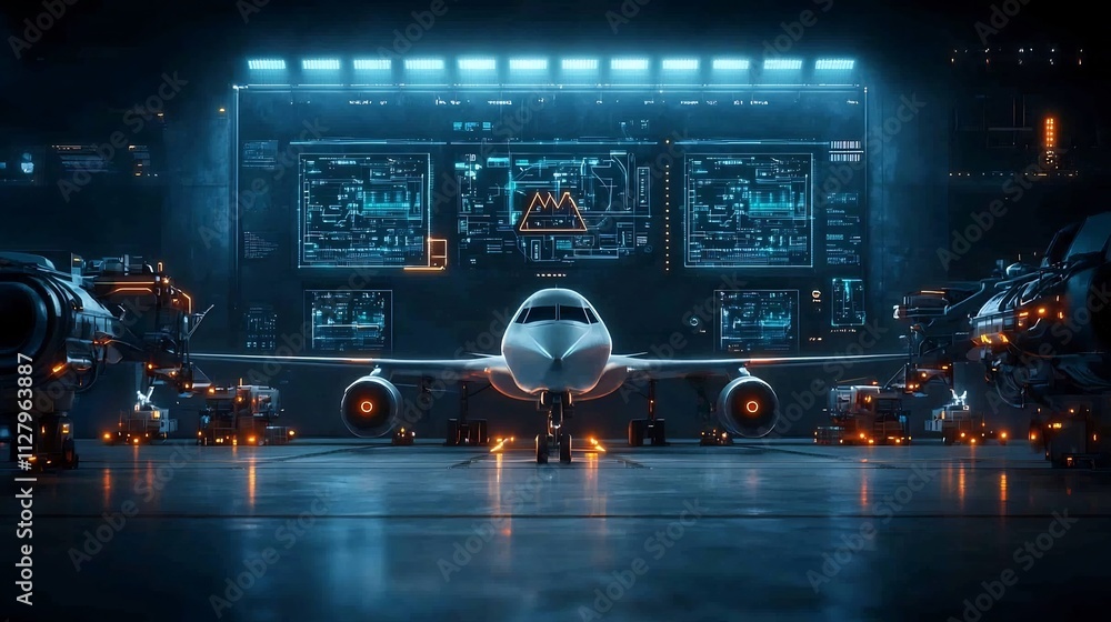 Poster futuristic aircraft maintenance hangar with smart automated robotic systems working on planes the fa