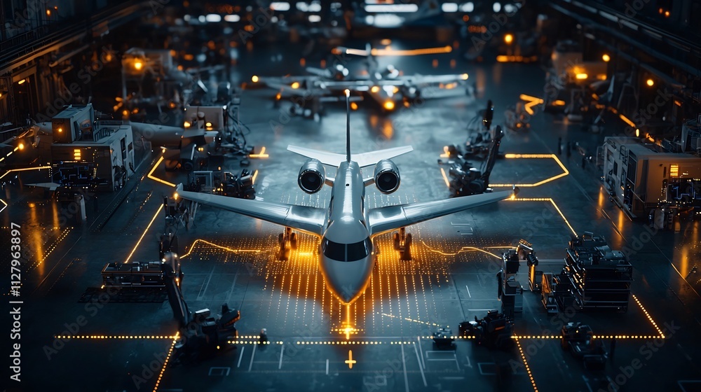 Aufkleber futuristic aircraft hangar with smart maintenance robots working on aircraft all connected via glowi