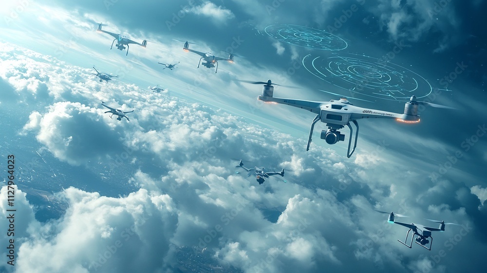 Poster aerial view of multiple planes and drones in flight connected by holographic network paths for advan