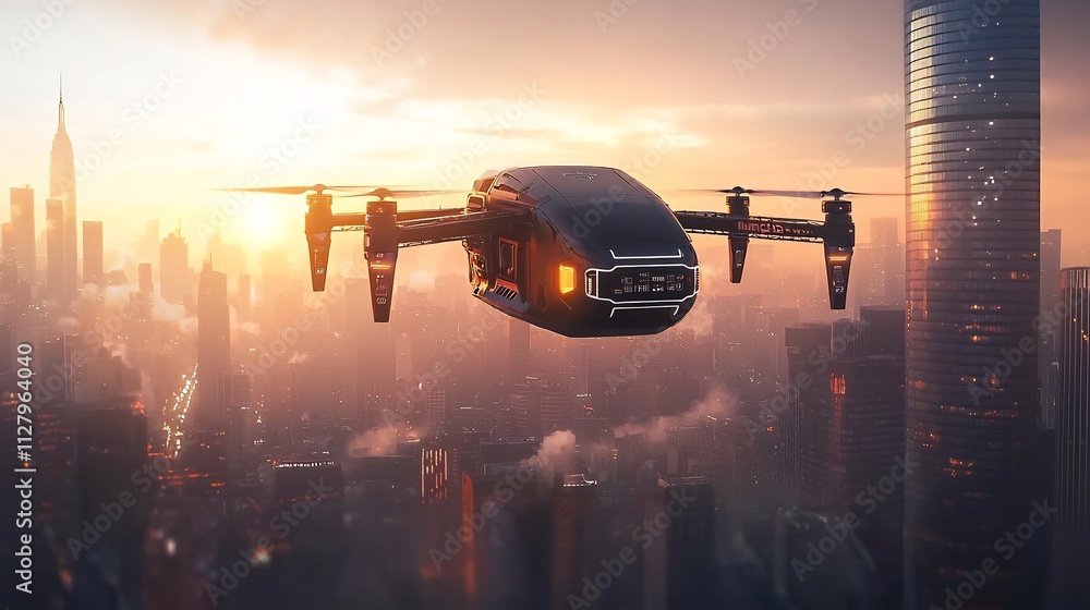 Poster advanced cargo drone hovering over cityscape connected to digital logistics network enabling efficie