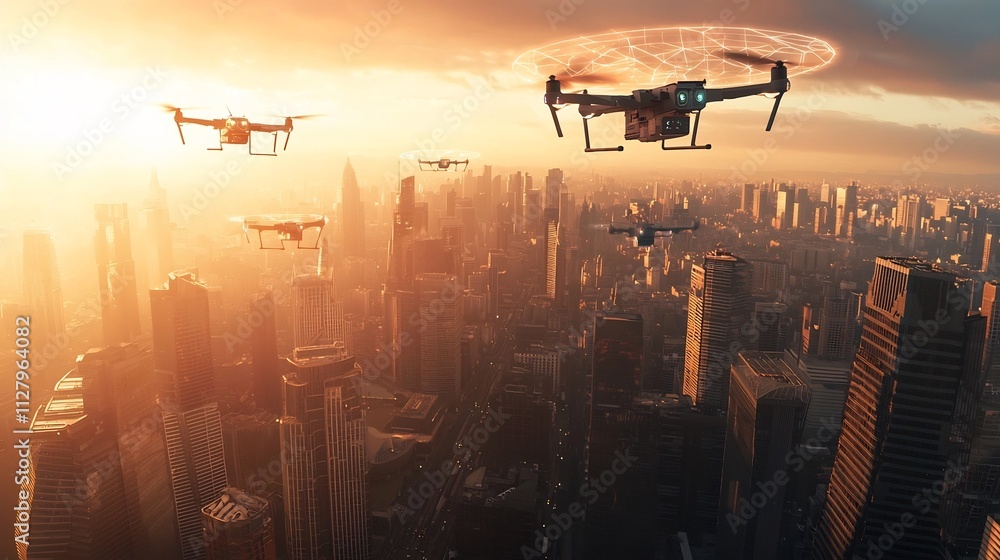 Poster aerial view showcasing multiple planes and drones in flight connected and navigated through a hologr