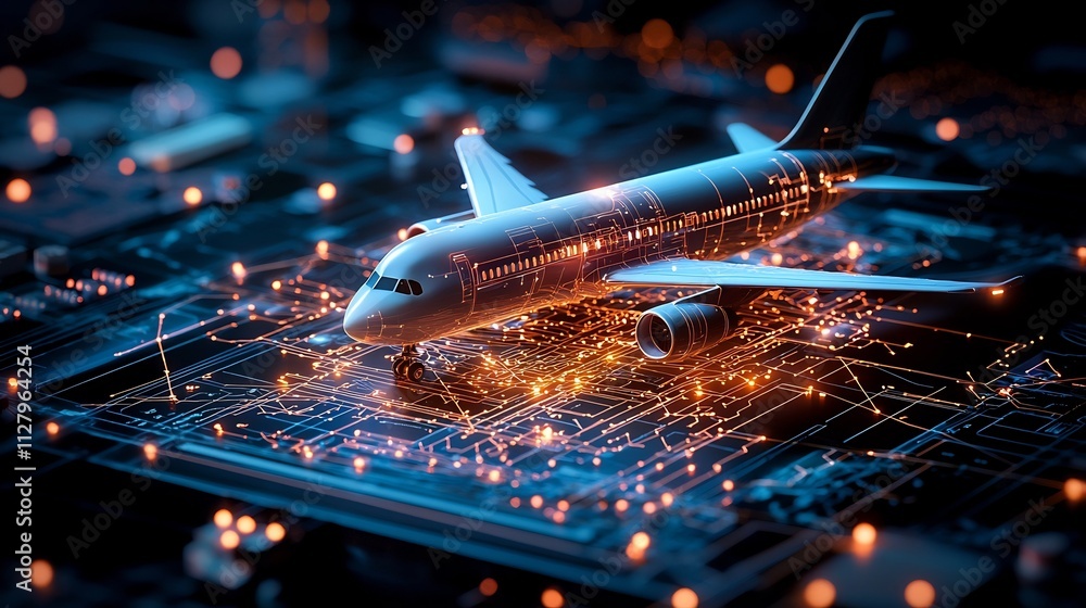 Poster a futuristic 3d holographic air traffic map visualizing a complex network of optimized flight routes