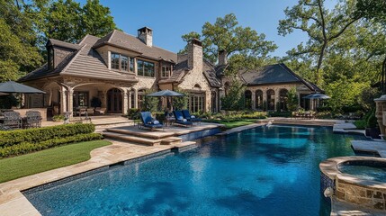 103.Dive into luxury with this stunning photo featuring a lavish swimming pool, exquisite house, lush green backyard, and meticulously designed garden:
