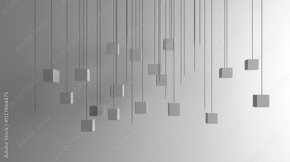 Poster abstract grayscale image of numerous small cubes suspended from strings against a light gray backgro