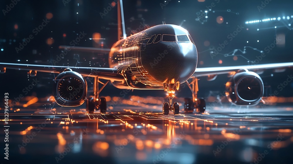 Poster advanced 3d holographic air traffic map displaying optimized flight routes network connections and r