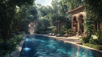 106.Beautifully designed backyard with a large, luxurious pool, framed by dense greenery and an elegant house; the garden is lush and carefully crafted, offering a sense of exclusivity and