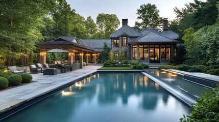 Fototapeta premium 106.Beautifully designed backyard with a large, luxurious pool, framed by dense greenery and an elegant house; the garden is lush and carefully crafted, offering a sense of exclusivity and