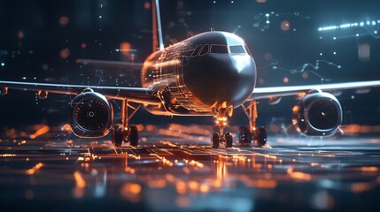 Advanced 3D holographic air traffic map displaying optimized flight routes network connections and real time data visualizations to enhance aerospace management and