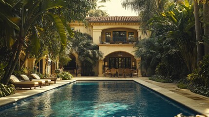 106.Beautifully designed backyard with a large, luxurious pool, framed by dense greenery and an elegant house; the garden is lush and carefully crafted, offering a sense of exclusivity and