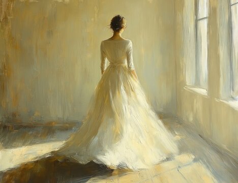 Serene Portrait of a Woman in a Flowing White Dress with Soft Natural Light and Gentle Shadows