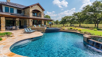107.Expansive backyard with a sparkling swimming pool, set against a lavish house and abundant green landscape; the luxurious garden design and pristine lawn add to the upscale atmosphere of the