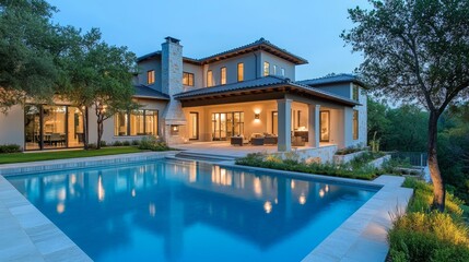111.Dusk view of a luxury home with a glowing swimming pool, surrounded by soft garden lighting that highlights the clean, modern lines of the house; the subtle lighting creates a tranquil, inviting