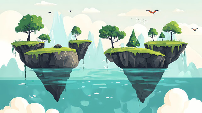 An ethereal landscape where cryptic floating islands hover above a mystical sea, each island inhabited by legendary beings shrouded in mystery, flat design illustration. Fable. Illustration