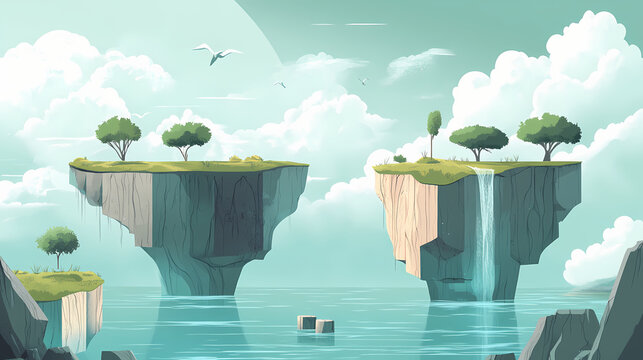An ethereal landscape where cryptic floating islands hover above a mystical sea, each island inhabited by legendary beings shrouded in mystery, flat design illustration. Fable. Illustration
