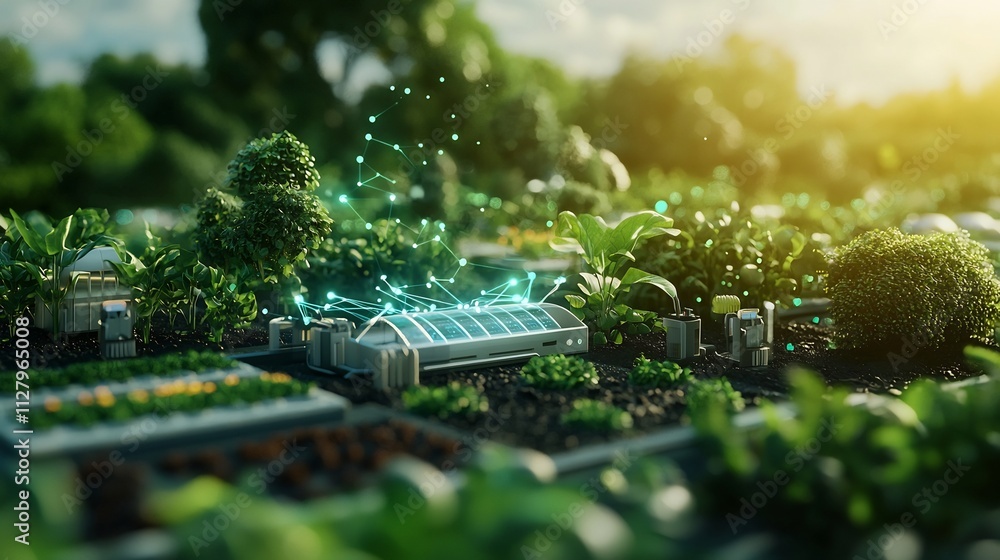 Poster futuristic integrated farm with interconnected greenhouses fish ponds and crop fields visualized wit