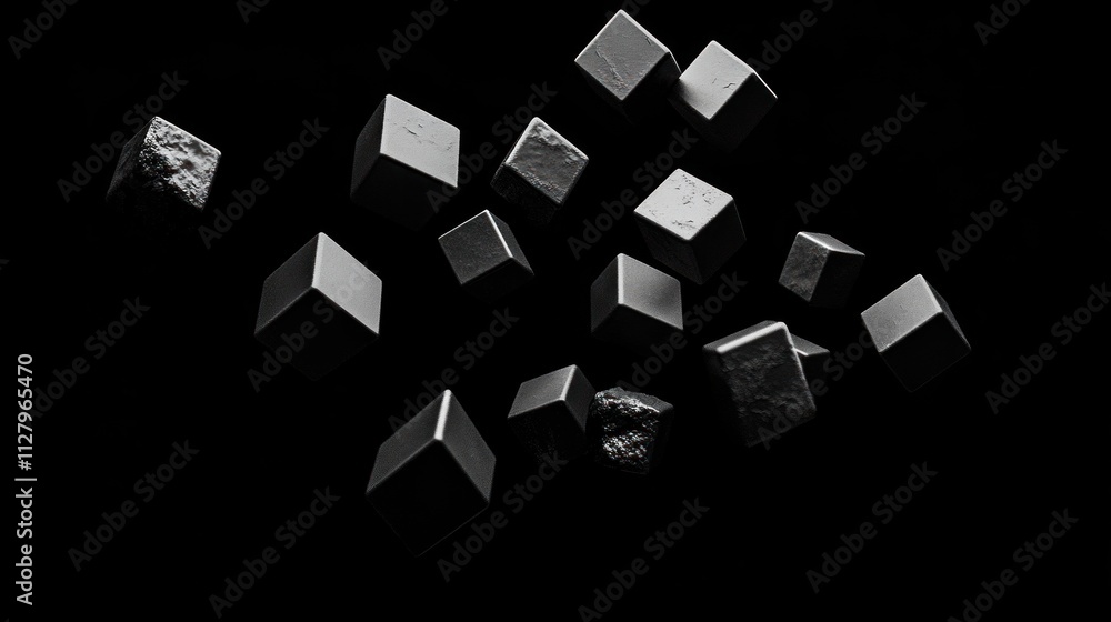 Poster abstract image of dark gray cubes floating in a black background.