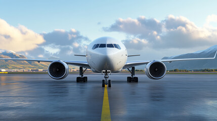 modern airplane is parked on runway under bright daylight, with scenic mountain backdrop and partly cloudy sky, creating serene and professional aviation scene