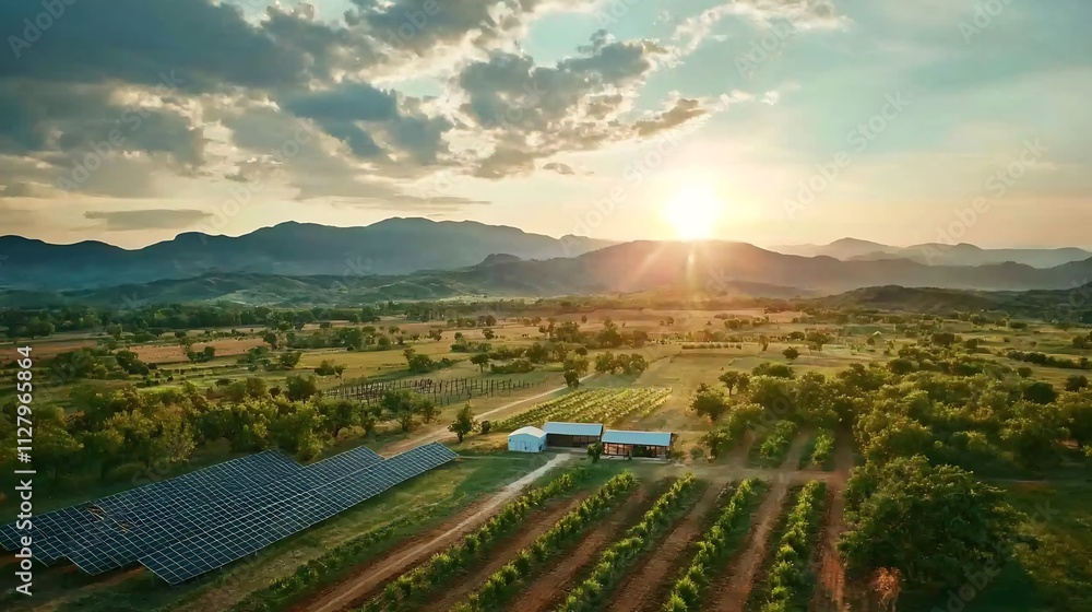Poster a photograph of an advanced mixed farming system featuring barns automated irrigation and solar powe