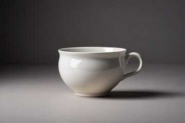 there is a white cup sitting on a table with a gray background