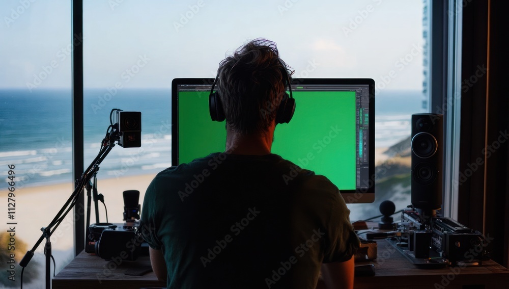 Poster man with headphones editing video at computer overlooking ocean.