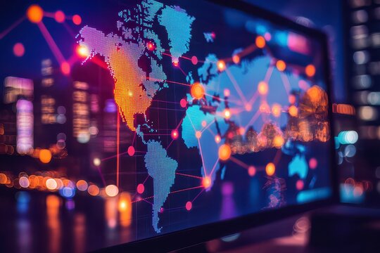 A digital map with network connections displayed on a screen, emphasizing global connectivity. - Powered by Adobe