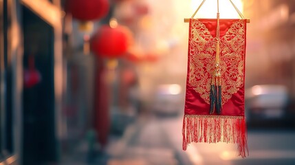 A beautifully crafted red banner adorned with intricate gold patterns, gently swaying in a vibrant street filled with festive lanterns, evoking a sense of heritage and celebration.