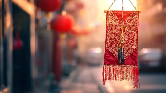 A beautifully crafted red banner adorned with intricate gold patterns, gently swaying in a vibrant street filled with festive lanterns, evoking a sense of heritage and celebration.