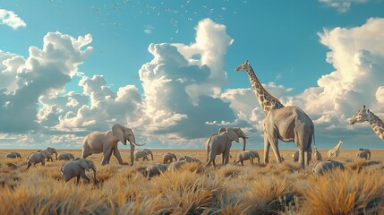A herd of elephants and a tower of giraffes peacefully grazing together on the African savannah, showcasing interspecies cooperation