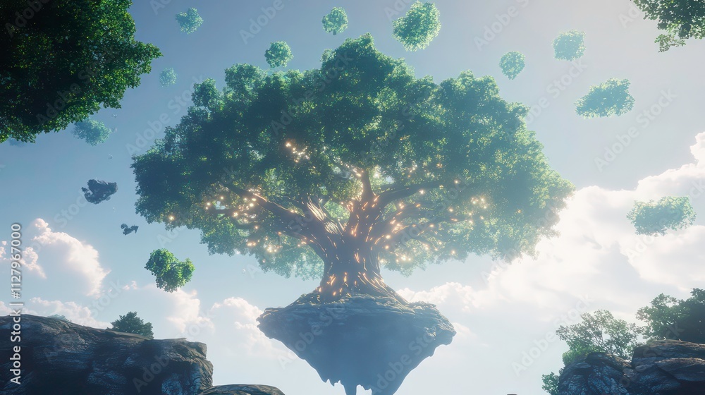 Poster a giant, glowing tree with floating islands above it in a fantasy world.
