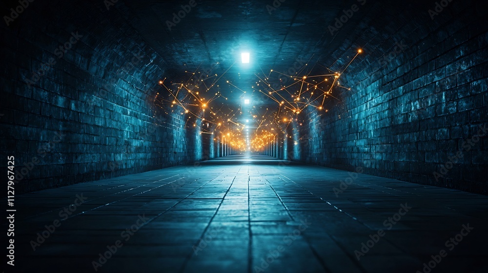 Poster photograph showcasing an urban walkway with advanced smart lighting system that automatically adjust
