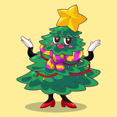 Christmas Tree Cute and Vintage Cartoon Character Design