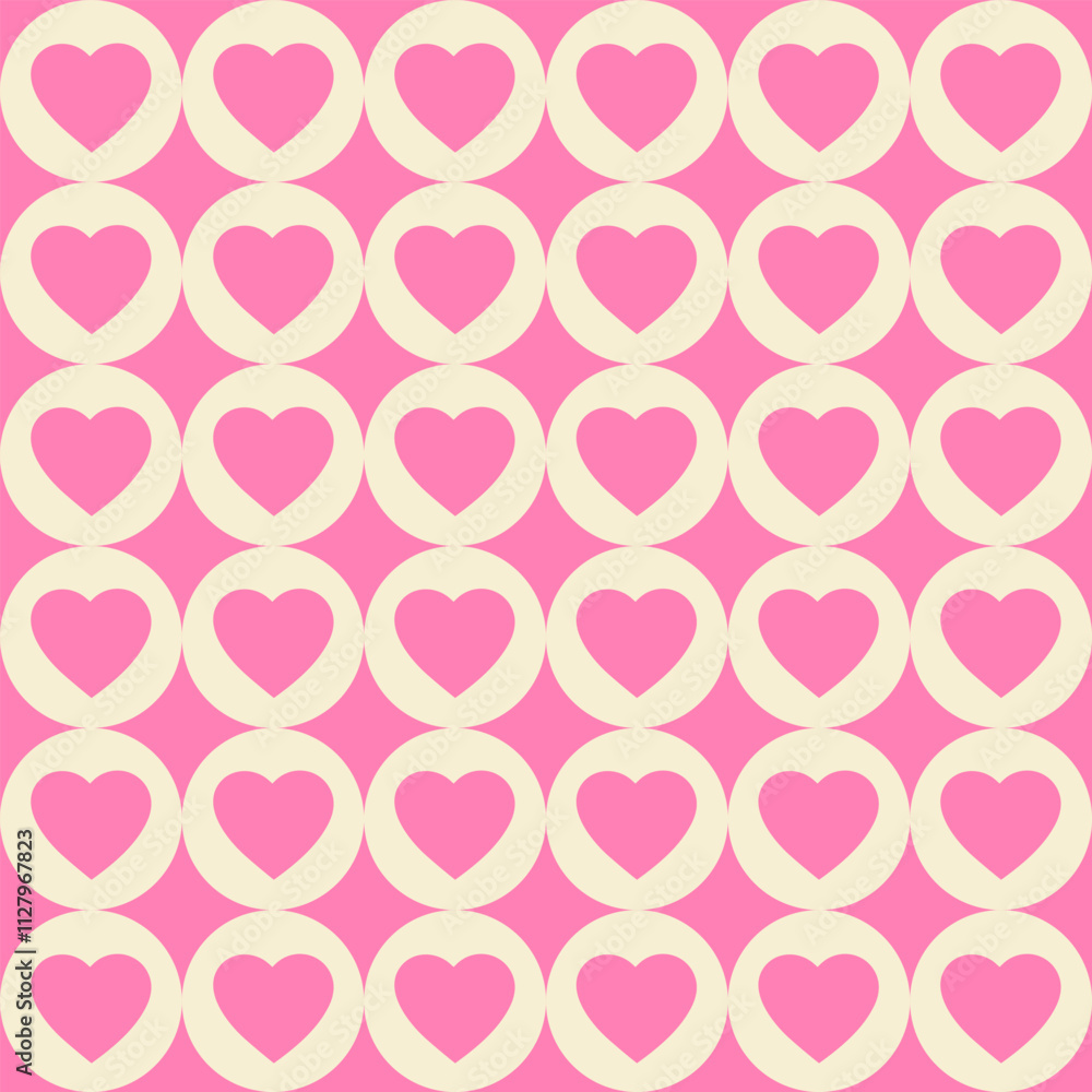 Poster romantic monochrome seamless pattern in style 60s, 70s. hearts and circles shapes. geometric minimal