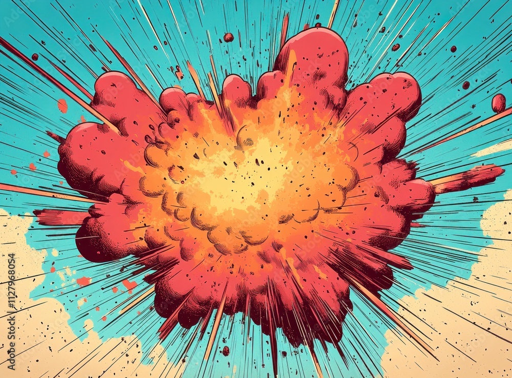 Poster dynamic explosion effect pop art background with halftone texture and bold colors