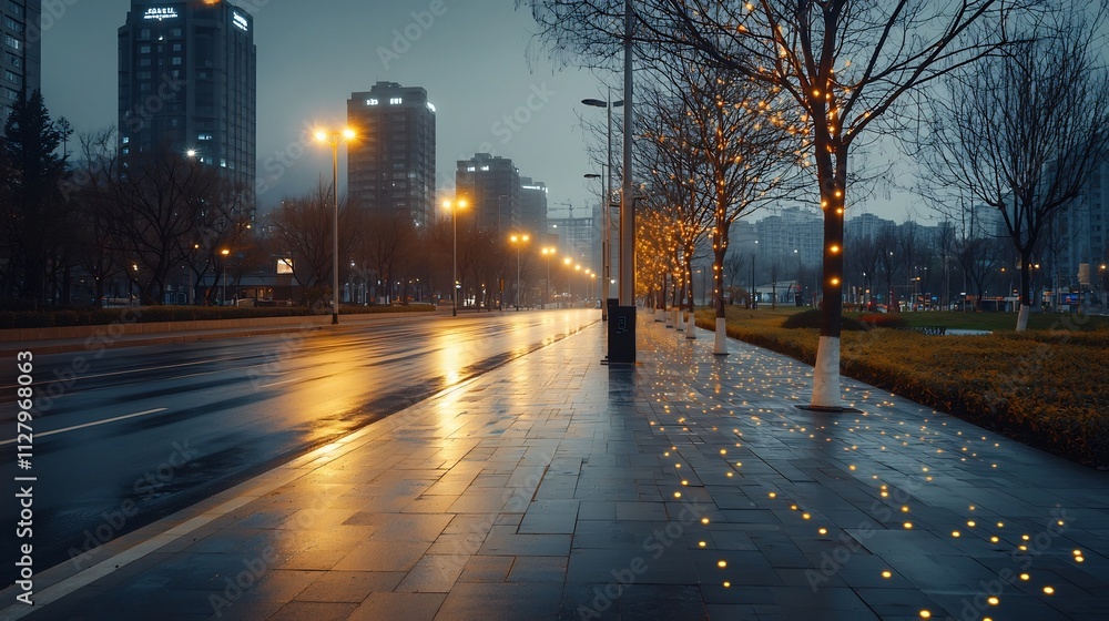 Poster futuristic image showcasing a smart campus illuminated by a network of interconnected light posts th