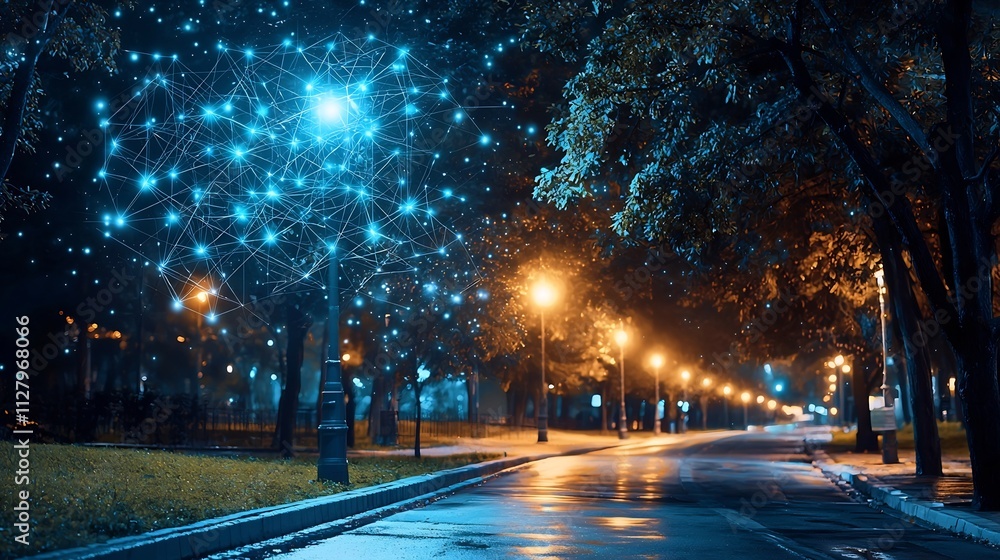Poster photograph showcasing a smart campus illuminated by an interconnected network of light posts that dy
