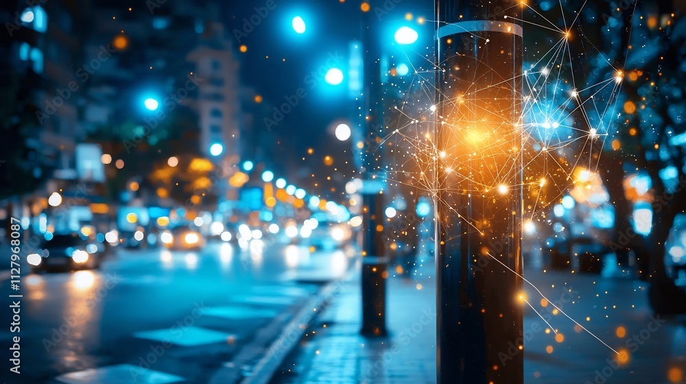 Poster interconnected smart campus illuminated by a dynamic network of light posts that adjust their bright