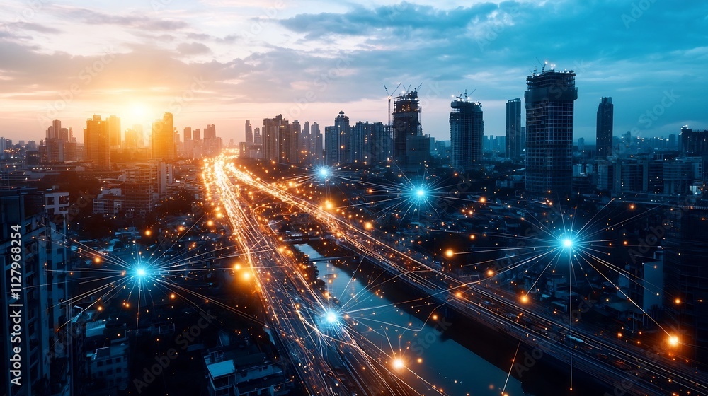 Poster photograph of a modern highway at night lined with smart light poles visualized with glowing network