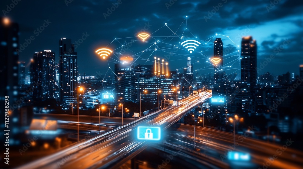 Poster futuristic highway scene at night featuring modern smart light poles visualized with glowing network